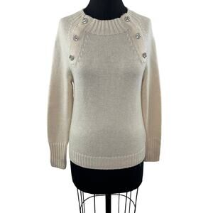 NWT J.CREW Natural Cream Crewneck Sweater Rhinestone Jewel Button Wool Blend XS